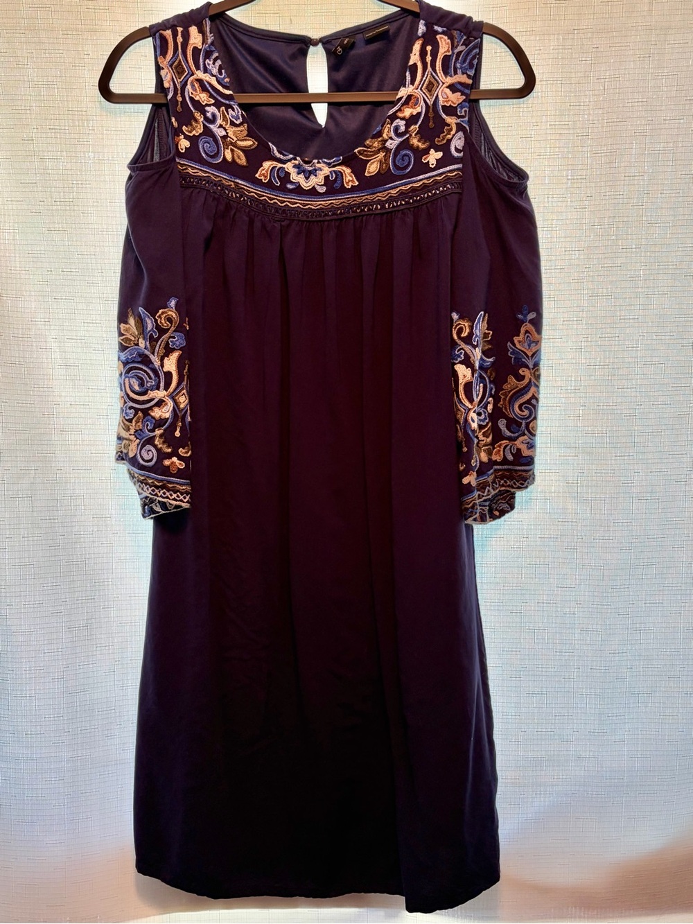 new directions Navy blue Cold-Shoulder Embroidered Dress